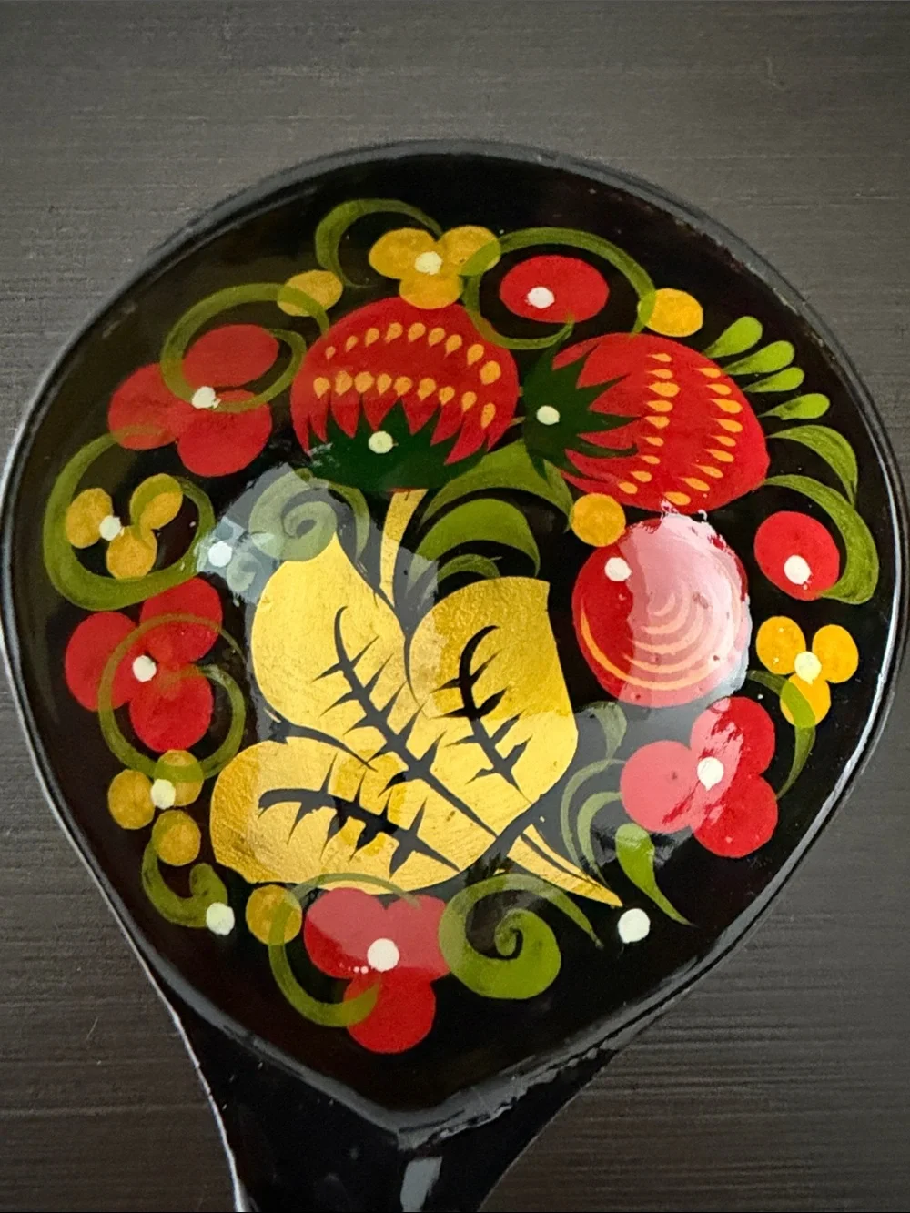 Russian Khokhloma Style Wooden Bowl & Spoon Set Folk Art Decor